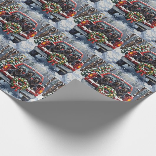 Black Newfoundland Christmas Red Truck Holiday Cadeaupapier (Hoek)
