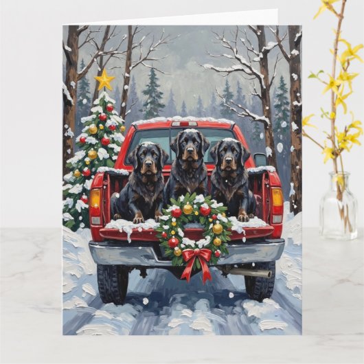 Black Newfoundland Christmas Red Truck Holiday Kaart (Gele Bloem)