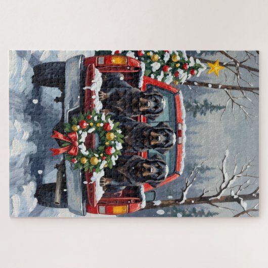 Black Newfoundland Christmas Red Truck Holiday Legpuzzel (Horizontaal)