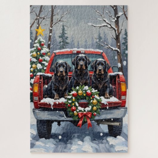 Black Newfoundland Christmas Red Truck Holiday Legpuzzel (Verticaal)
