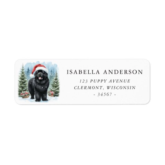 Black Newfoundland Dog Winter Waterverf Adres Etiket (Voorkant)