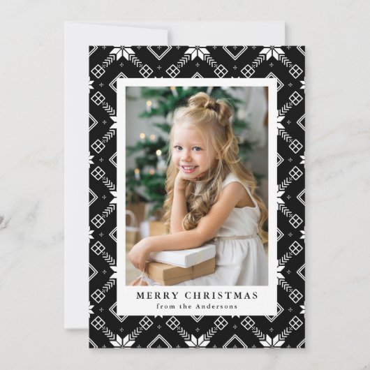 Black Nordic Snowflake Pattern Foto Feestdagenkaart (Voorkant)
