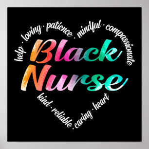 Black Nurse Heart Word Cloud Waterverf Rainbow Poster