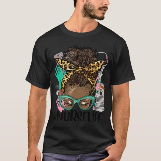 Black Nurse Life Afro Hair Messy Bun Leopard CNA N T-shirt (Voorkant)