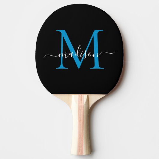 Black Ocean Blue Monogram Elegant Script Naam Tafeltennisbatje (Voorkant)