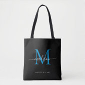 Black Ocean Blue Monogram Script Naam Initiaal Tote Bag (Voorkant)