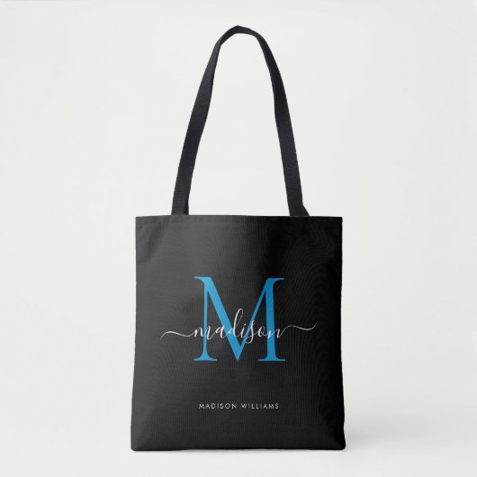 Black Ocean Blue Monogram Script Naam Initiaal Tote Bag (Voorkant)