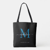 Black Ocean Blue Monogram Script Naam Initiaal Tote Bag (Achterkant)