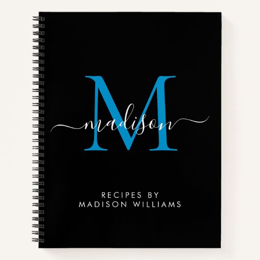Black Ocean Blue Monogram Script Naam Recept Notitieboek (Voorkant)