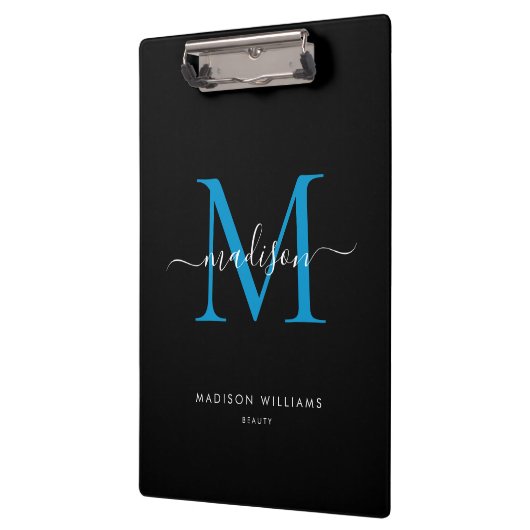 Black Ocean Blue Monogram Stijlvolle scriptnaam Klembord (Links)