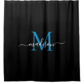 Black Ocean Blue Monogram Vrouwelijk Script Naam Douchegordijn (Voorkant)