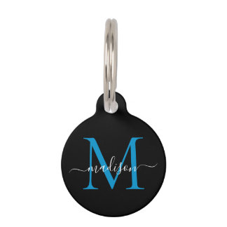 Black Ocean Blue Monogram Vrouwelijk Script Naam Huisdierpenning