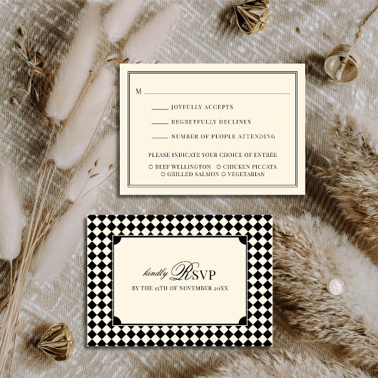 Black Old Money Wedding Mail In with Meal Choice RSVP Kaartje