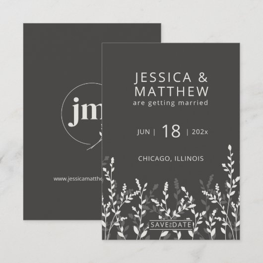 Black Olive · Rustieke Wildflower bruiloft Save The Date (Voorkant / Achterkant)