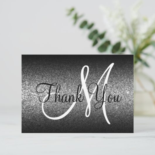 Black Ombre Silver Glitter Monogram Bedankkaart (Staand voorkant)