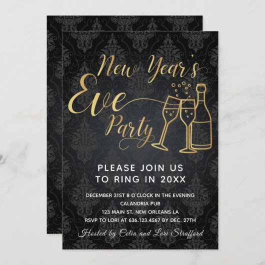 Black on Black Damask New Year's Eve Party Kaart (Voorkant / Achterkant)