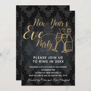 Black on Black Damask New Year's Eve Party Kaart