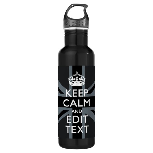 Black on Black Keep Calm en Jouw tekst Union Jack Waterfles (Voorkant)