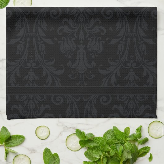 Black on Black Monogram Chic Floral Damask Swirls Theedoek (Gevouwen)