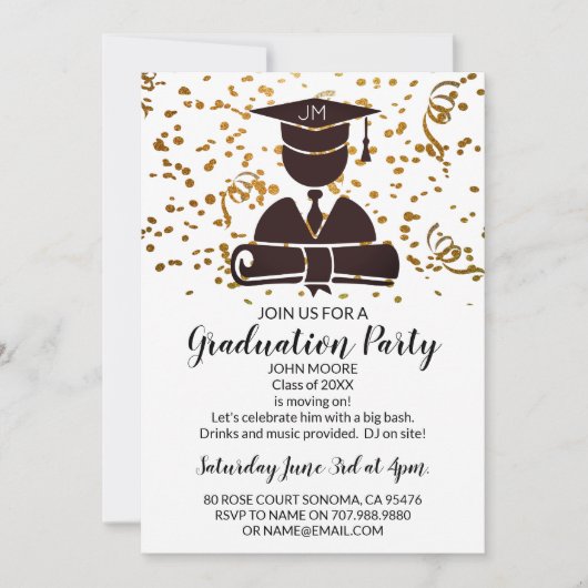 Black on Gold Afstudeerder met Confetti Graduparty Kaart (Voorkant)