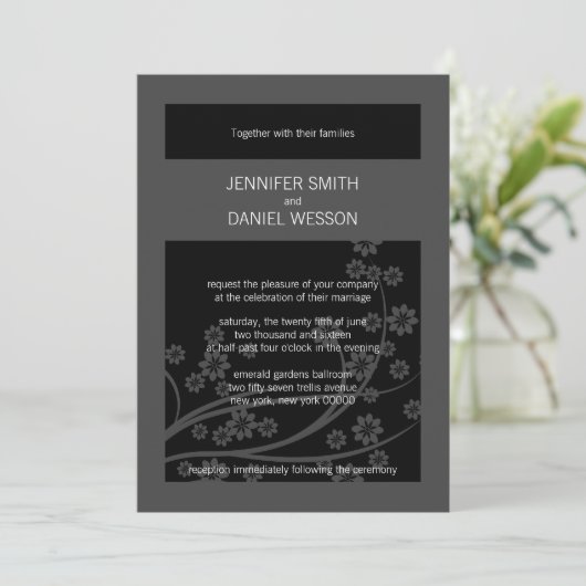 Black Onxy Floral Pattern Sjabloon Wedding Invites Kaart (Staand voorkant)
