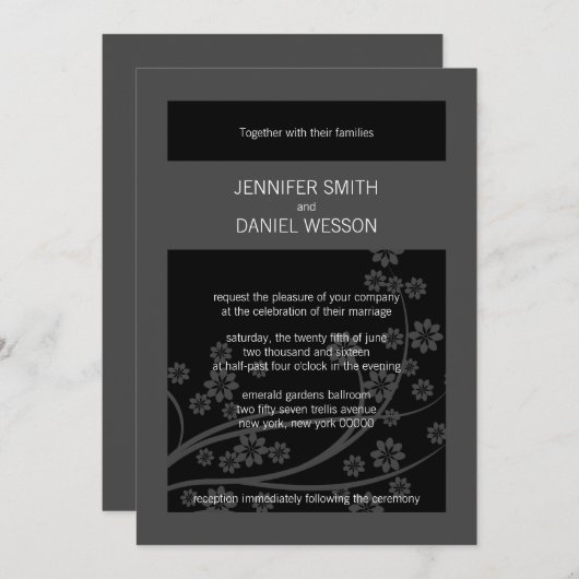 Black Onxy Floral Pattern Sjabloon Wedding Invites Kaart (Voorkant / Achterkant)