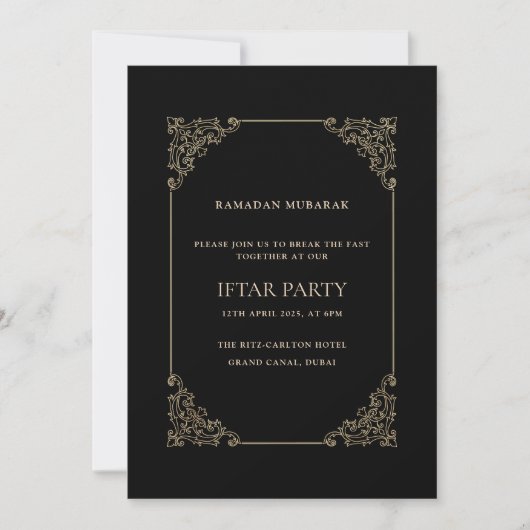 Black Opulent Baroque Frame Script Iftar Party Kaart (Voorkant)