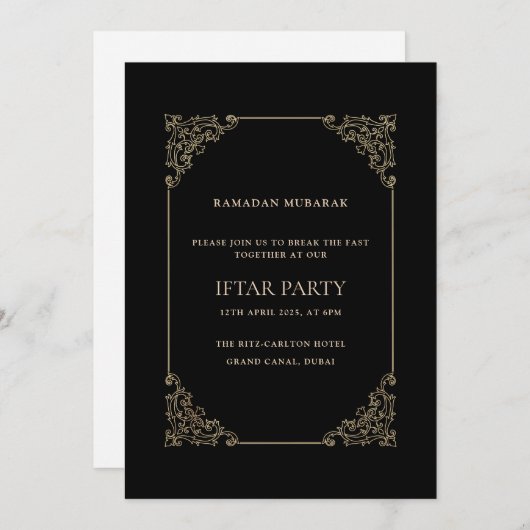 Black Opulent Baroque Frame Script Iftar Party Kaart (Voorkant / Achterkant)