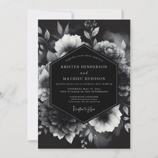 Black Opulent Floral Romance Wedding Kaart (Voorkant)