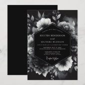 Black Opulent Floral Romance Wedding Kaart (Voorkant / Achterkant)