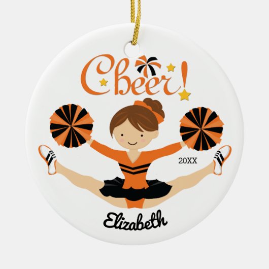Black & Orang Cheer Brunette Cheerleader Ornament (Voorkant)