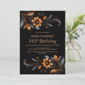 Black Orange Floral 100th Birthday Party Kaart (Staand voorkant)