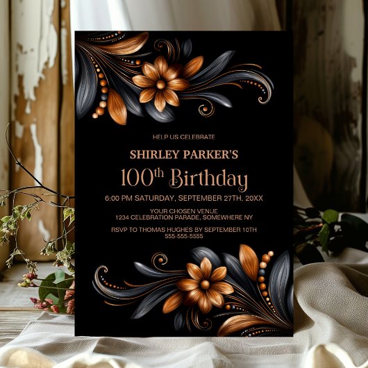 Black Orange Floral 100th Birthday Party Kaart