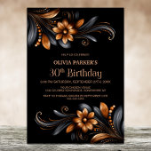 Black Orange Floral 30th Birthday Party Kaart