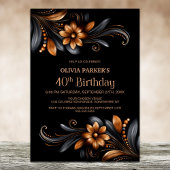 Black Orange Floral 40th Birthday Party Kaart