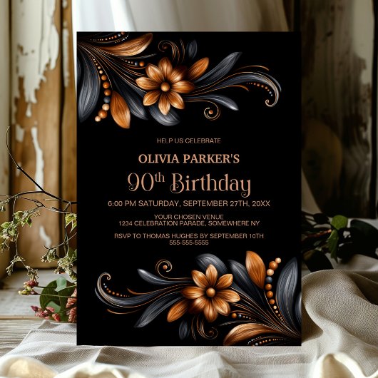 Black Orange Floral 90th Birthday Party Kaart