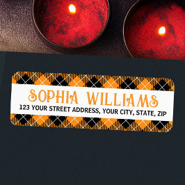 Black orange plaid Halloween return address Etiket