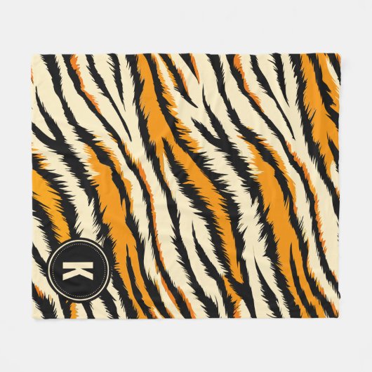 Black Orange Tiger Stripes Pattern Monogram Fleece Deken (Voorkant (Horizontaal))