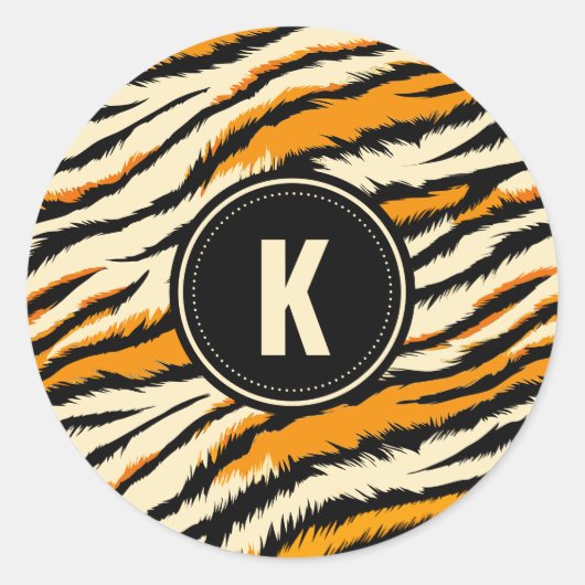 Black Orange Tiger Stripes Pattern Monogram Ronde Sticker (Voorkant)