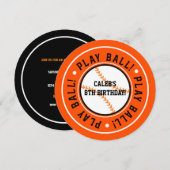 Black & Oranje Baseball PLAY BALL Party Uitnodigin Kaart (Voorkant / Achterkant)
