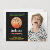Black Oranje Basketball Birthday Invitation foto Kaart (Voorkant)