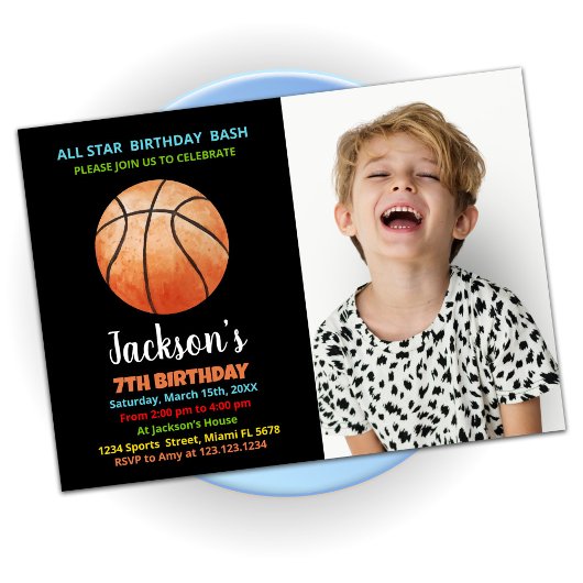 Black Oranje Basketball Birthday Invitation foto Kaart