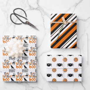 Black Oranje Cute Boo Spider Stripes Halloween Inpakpapier Vel
