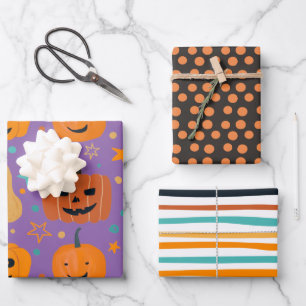 Black Oranje Cute Pumpkin Stripes Halloween Inpakpapier Vel