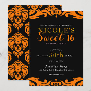 Black & Oranje Damask Chic Elegant Sweet 16 Party Kaart