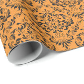 Black Oranje Damask-patroon Cadeaupapier (Rol Hoek)