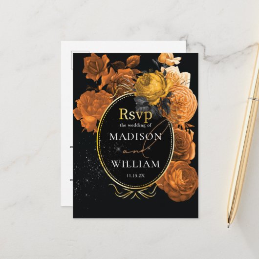 Black Oranje Floral Wedding Meal Choice RSVP Briefkaart (Voorkant / Achterkant in situ)