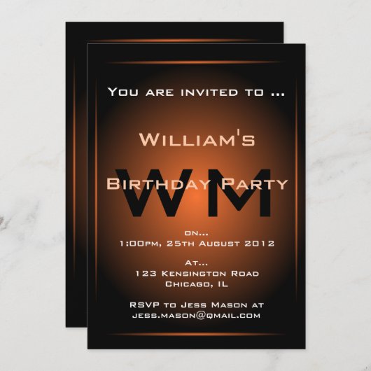 Black & Oranje Glow Monogram Sci-fi - Uitnodiging (Voorkant / Achterkant)