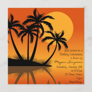 Black & Oranje Island Palm Tree Verjaardag Uitnodi Kaart