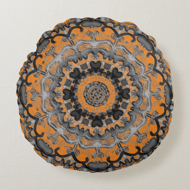 Black & Oranje Mandala Round Pillow Rond Kussen (Voorkant)